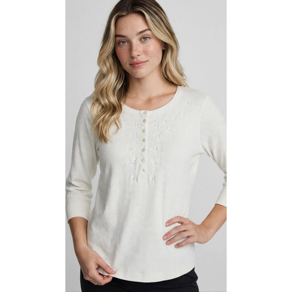 Eddie Bauer Henley Top Women L Ivory Embroidered Floral 3/4 Sleeve Cotton Soft